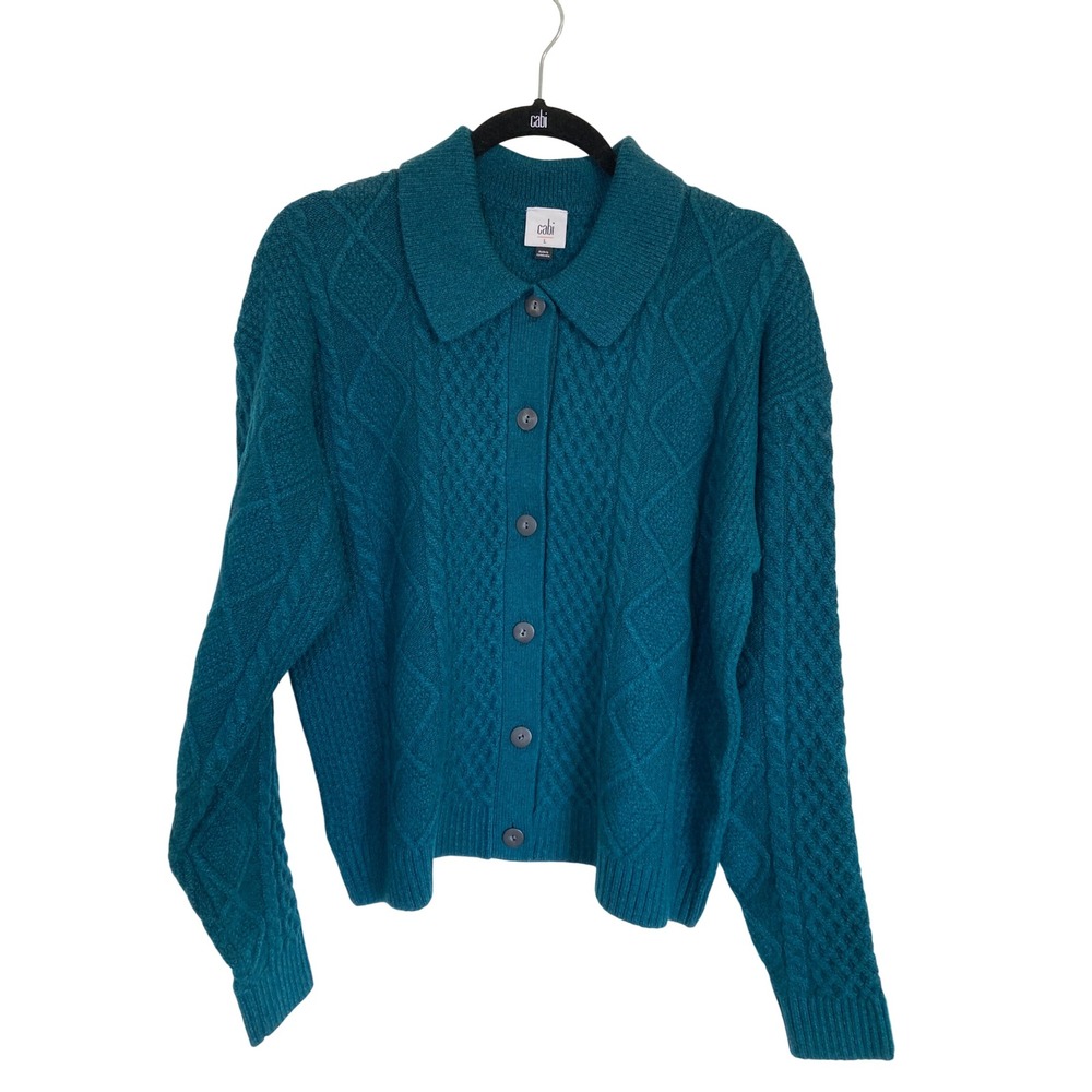 Cabi Teal Blue Cable Knit Button Front Collared Cardigan Sweater Womens L